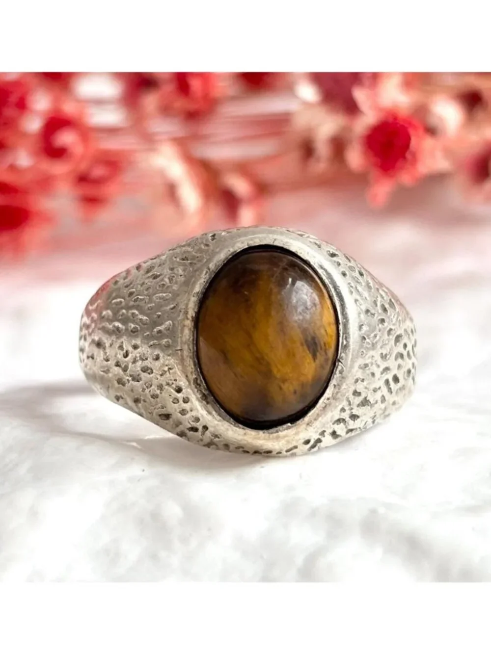 Genuine Tiger's Eye Hammered Sterling Silver 925 Vintage Ring - sz 11.75